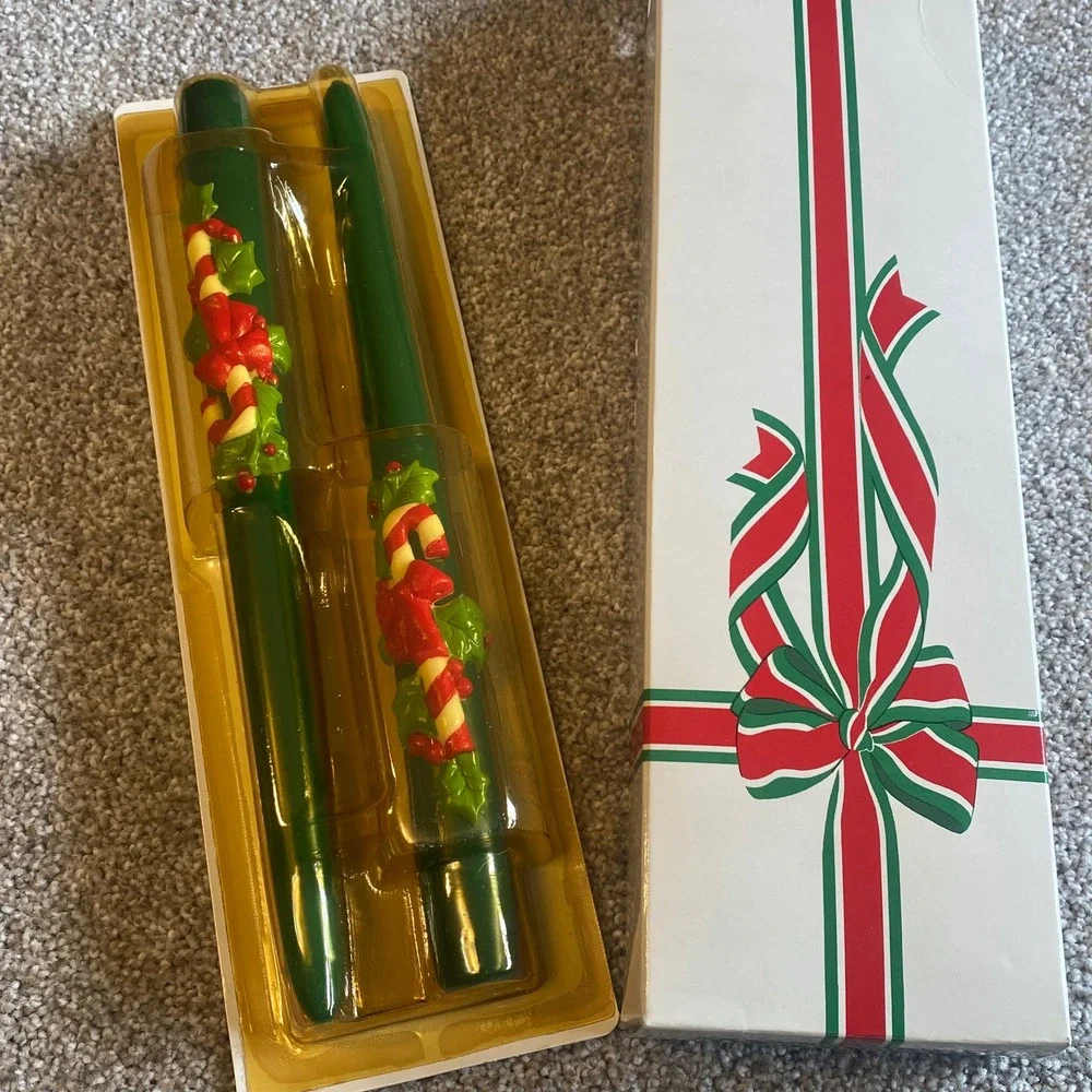 Vintage Avon‎ Candy Cane and Holly 10 Inch Bayberry Taper Candles Set 2